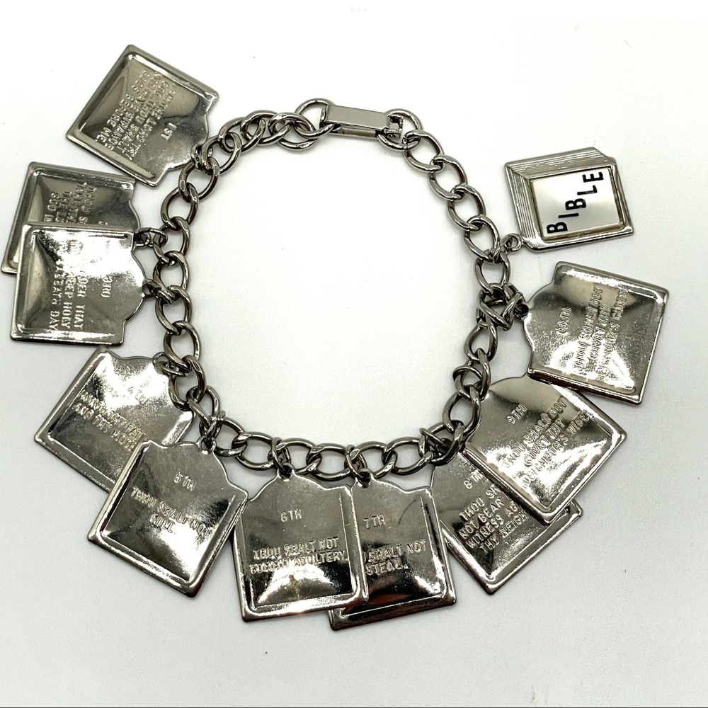 Vintage Ten Commandments Charm Bracelet – Silver Tone – Bible Jewelry